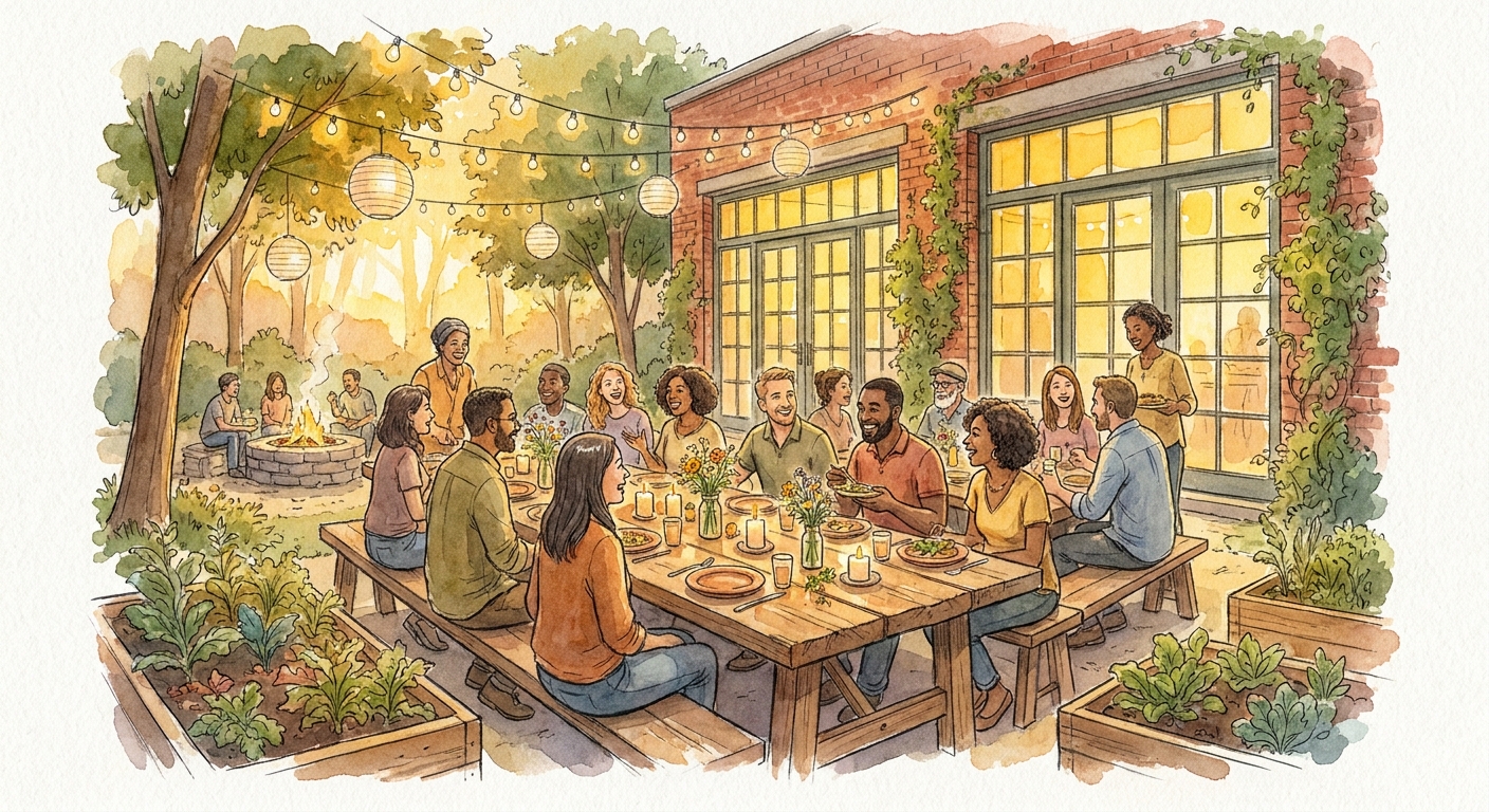 Community dinner and firepit gathering